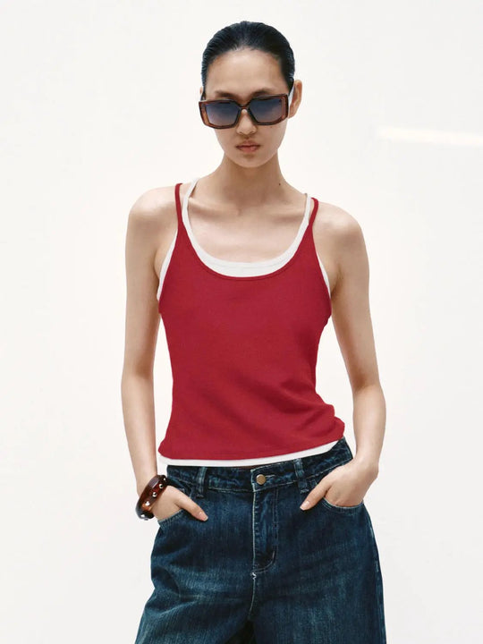 Lightweight Cotton Contrast Trim Strappy Tank Tops