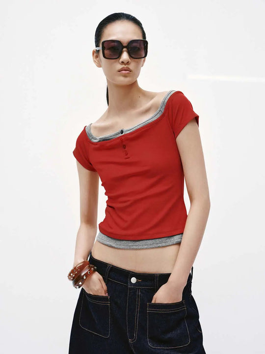 Cotton Blend Two In One Contrast Boat Neck Fit T Shirt