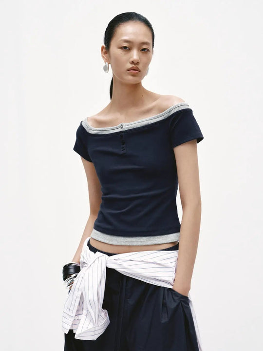2 In 1 Boat Neck Button Detail Skinny Fit T Shirts