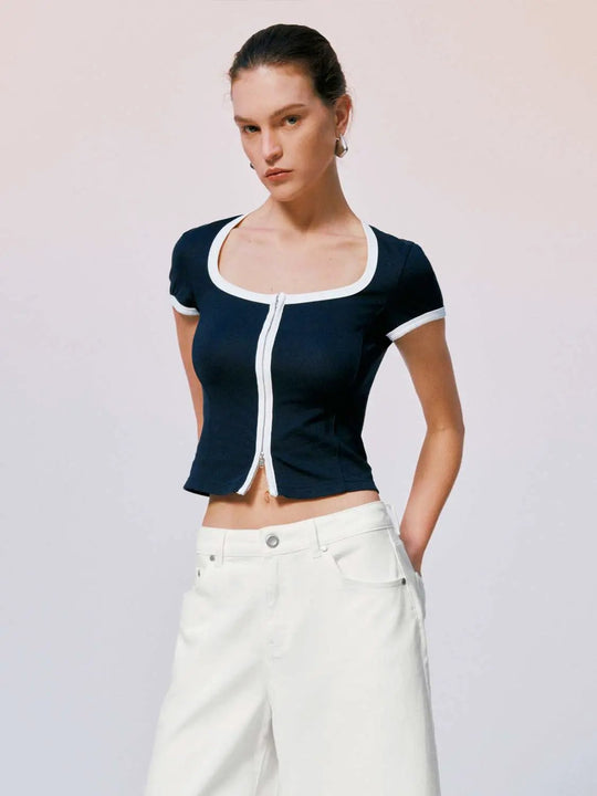 Contrast Trim Square Neck Zip Up Cropped Skinny Fit T-Shirts