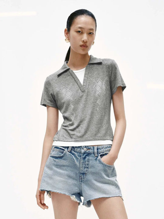 Lyocell Wool Rhinestone Check Detail T Shirts
