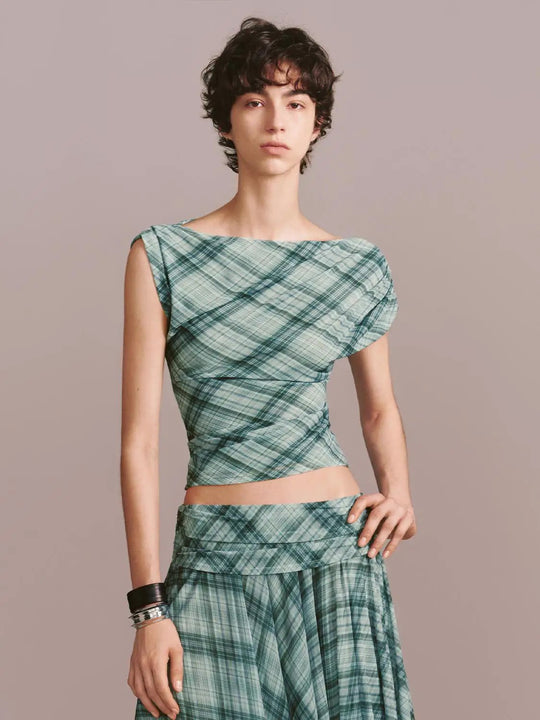 Contrast Check Asymmetric Slope Shoulder Cotton T-Shirts