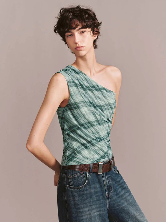 One Shoulder Plaid Sleeveless Contrast Top