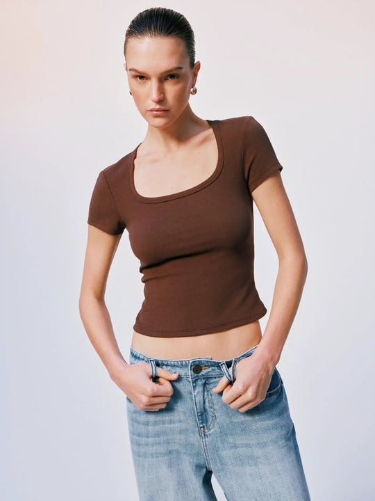 Brown Cotton Viscose Elastane Scoop Neck T-Shirts