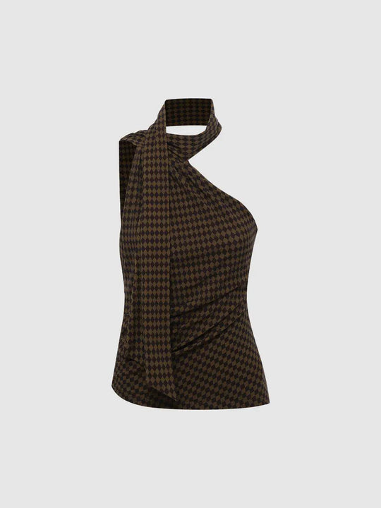 Checkerboard Geometric Draped One Shoulder Blouse