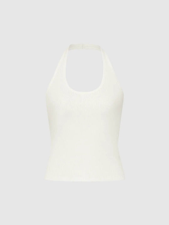 Cotton Ribbed Knit Medium Stretch Halter Neck Tank Tops