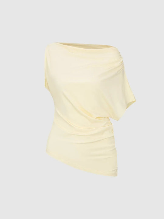 Modal Draped One-Shoulder Ruched Knit T-Shirt