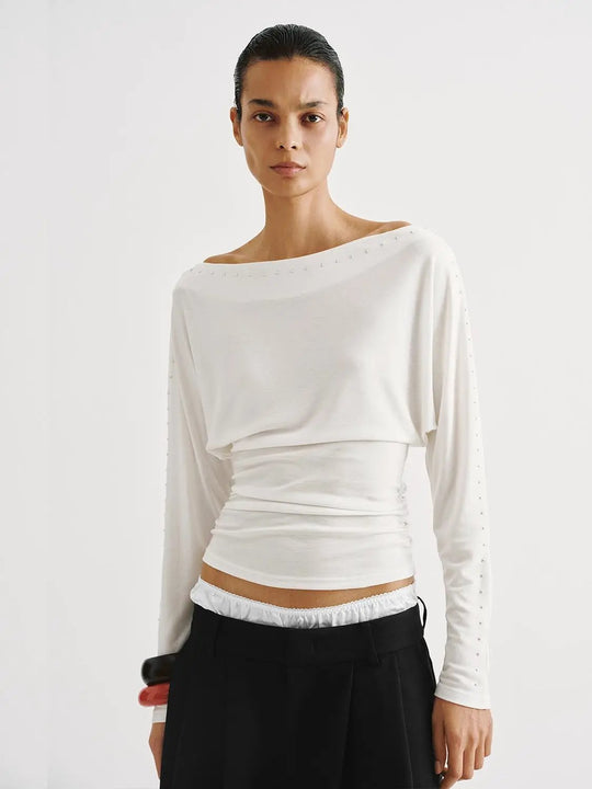 Beaded Boat-neck Long Sleeve Lyocell T-shirt