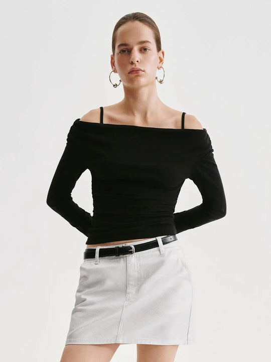 Off Shoulder Ruched Cotton Knit Cropped Long Sleeve Blouse
