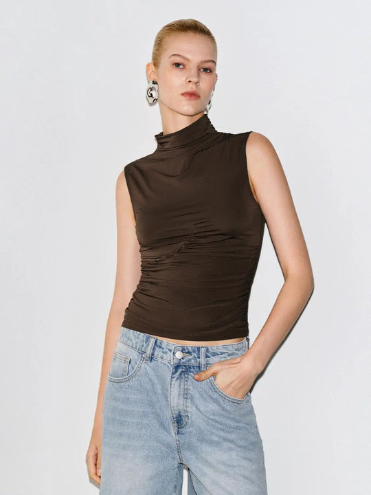 Ruched High Neck Sleeveless Knit Tank Top