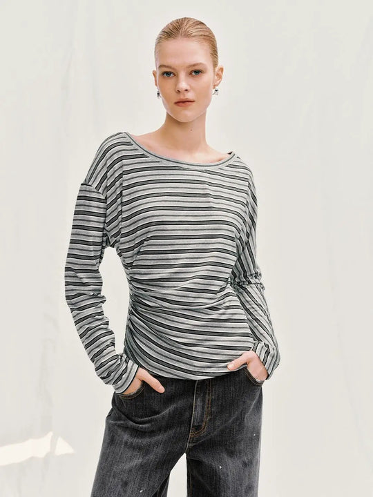 Ruched Drop Shoulder Striped Boat Neck Long Sleeve T-Shirt
