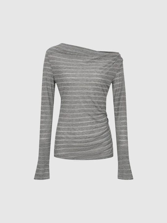 Striped Metallic Linen Blend One Shoulder T-Shirt