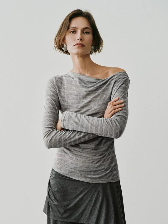 Striped Metallic Linen Blend One Shoulder T-Shirt