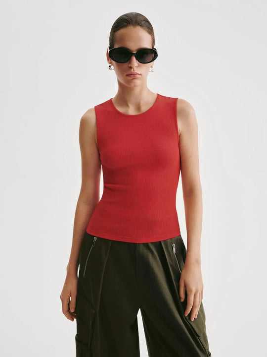 Slim Fit Ribbed Cotton Red Stretch Tank Top
