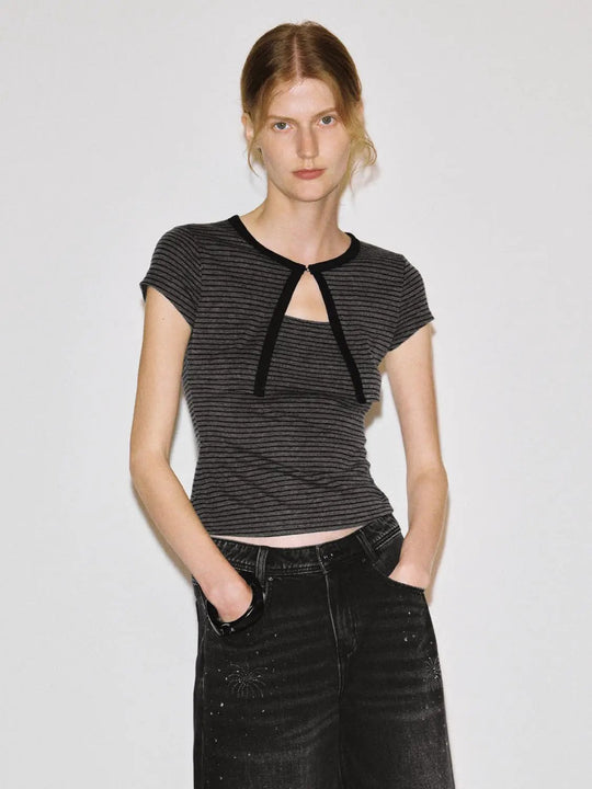 Striped Keyhole Knit T-shirt
