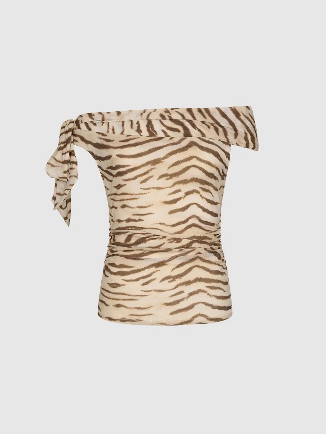 One-shoulder tiger-print top with side knot, beige and brown