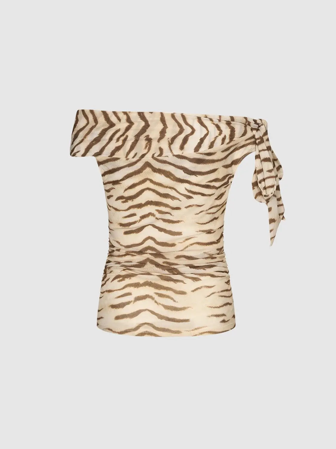 T-shirt off-shoulder tiger-print top with a side bow.