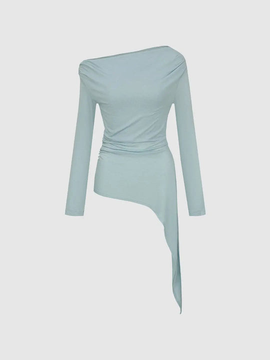 One-Shoulder Ruched Asymmetric Hem Long Sleeve T-Shirt