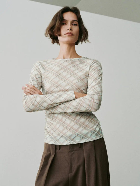 Ruched Plaid Fitted Crew Neck Long Sleeve T-shirt