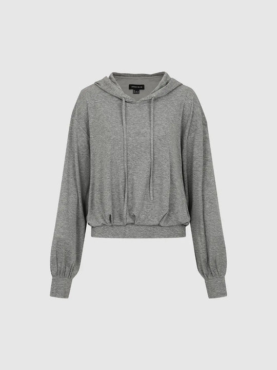 Textured Drawstring Elastic Hem Long Sleeve Hoodie