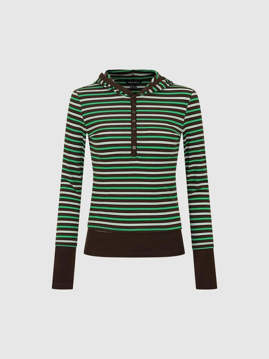 Striped Ribbed Long Sleeve Hooded T-Shirt