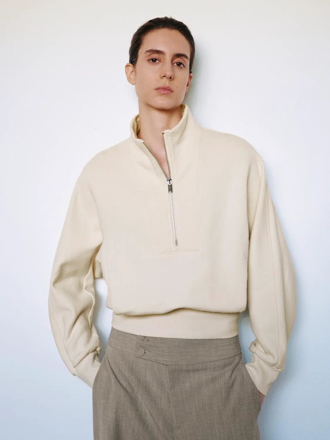 Sweatshirt ivory half-zip fleece with ribbed hem and cuffs