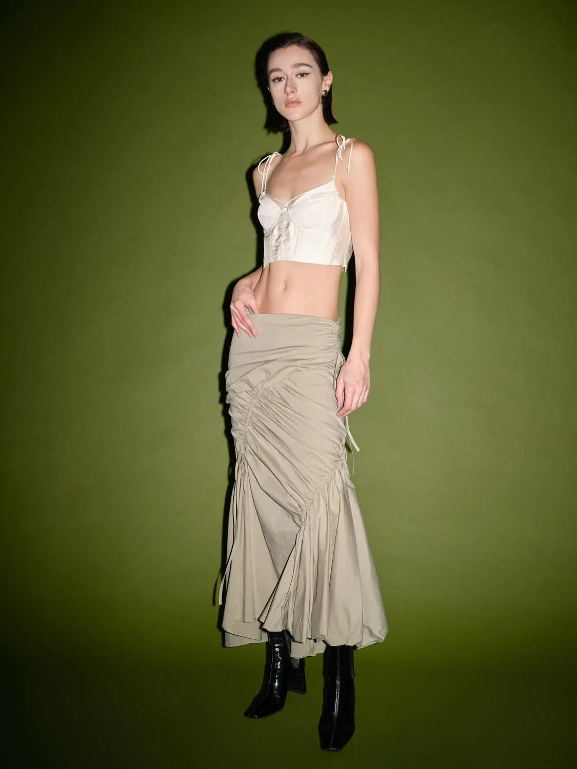 Ruched split-hem fishtail cotton midi skirt in beige