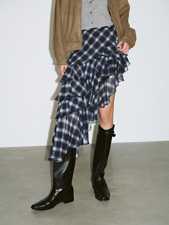 Irregular Hem Tiered Plaid Skirts