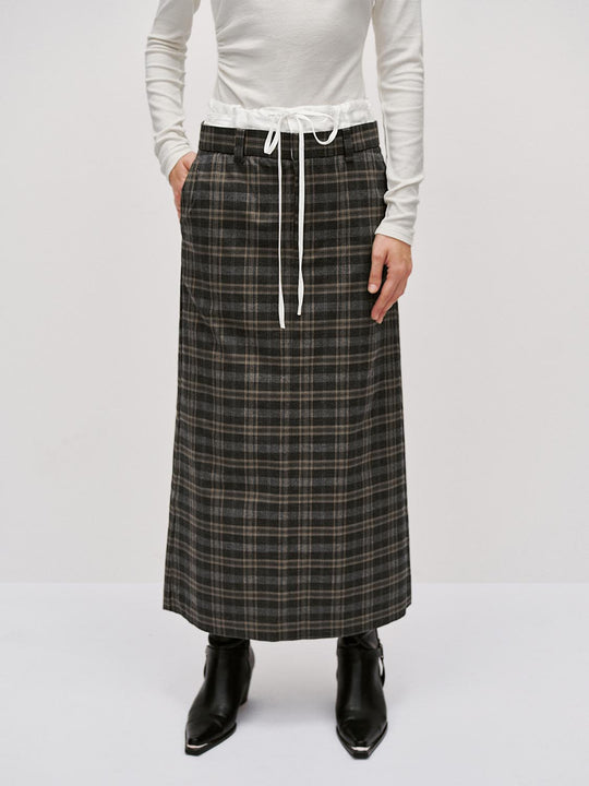 2 In 1 Drawstring Check Midi Skirts
