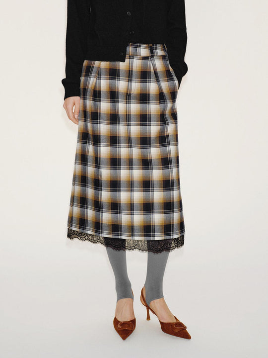 Contrast Check Lace Hem Straight Midi Dresses