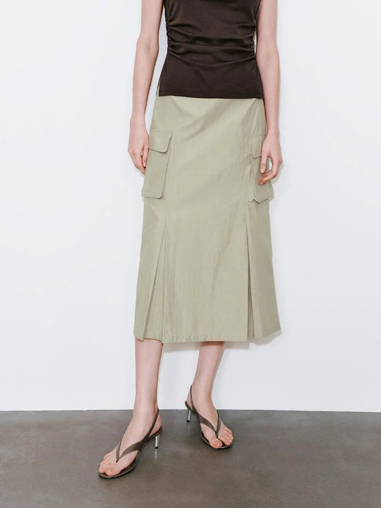 Flap Pocket Pleated Straight Midi Cargo Skirts