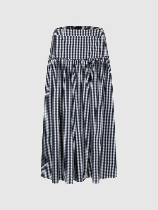 Contrast Check Shirring Detail A Line Midi Skirt