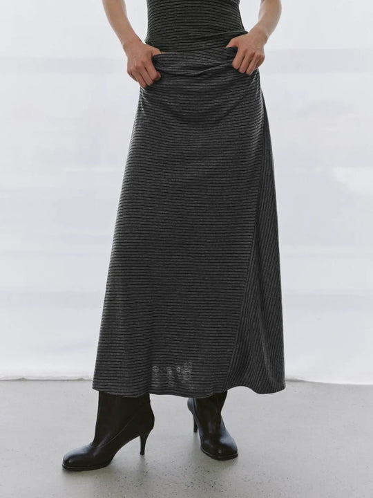 Elegant Asymmetric Striped Textured Fabric Ruched Maxi Skirts