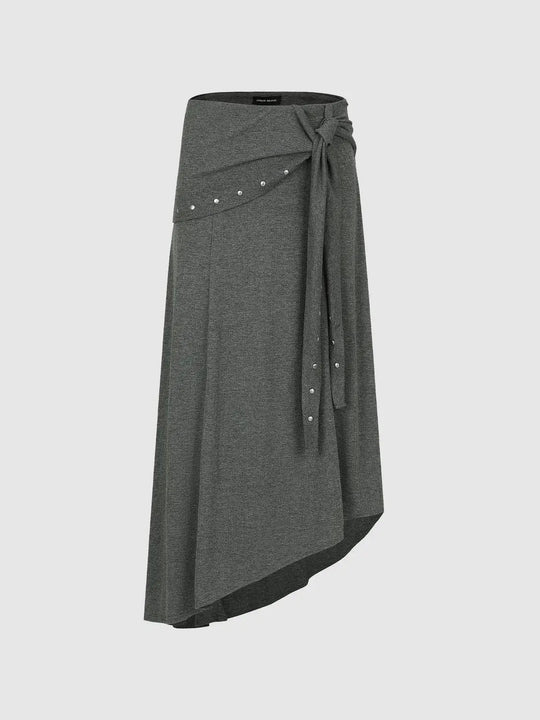 Beaded Tie Detail Asymmetric Midi Skirt