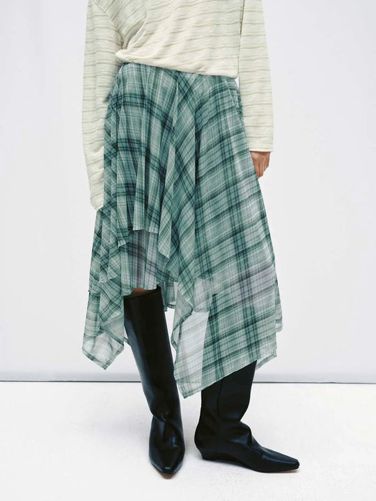 Asymmetric Check Stretch Fabric A Line Midi Skirt