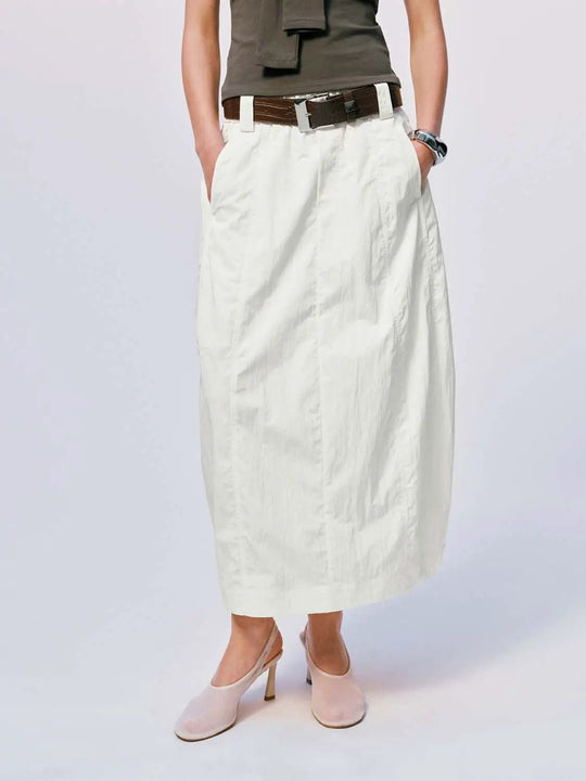 Lightweight Cotton Belted Seamed Balloon Midi Skirts