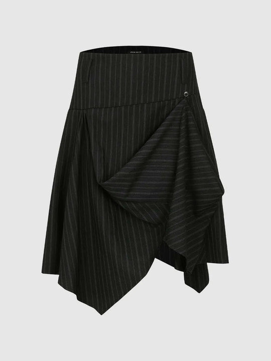 Pinstripe Weave High Waist Buttoned Wrap Overlay Draped Panel Asymmetric Hemline Skirt