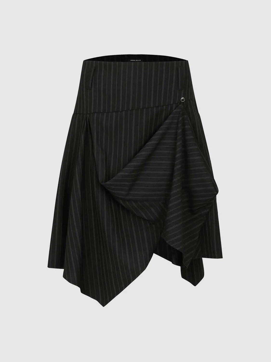 Pinstripe high-waist draped asymmetric wrap midi skirt by Urban Revivo Fashion, black with thin white stripes