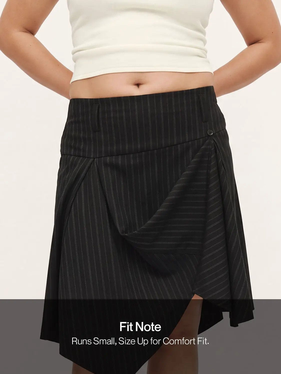 Pinstripe high-waist draped wrap midi skirt in black with vertical stripes, Urban Revivo Fashion.