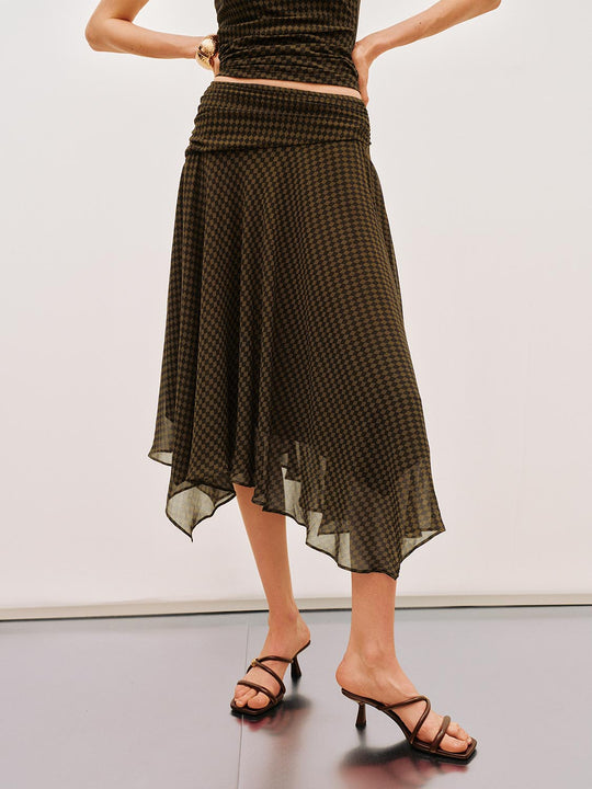 H-line Checkered Midi Asymmetric Hem Skirt
