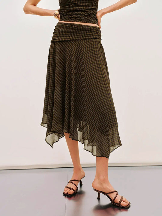 H-line Checkered Midi Asymmetric Hem Skirt