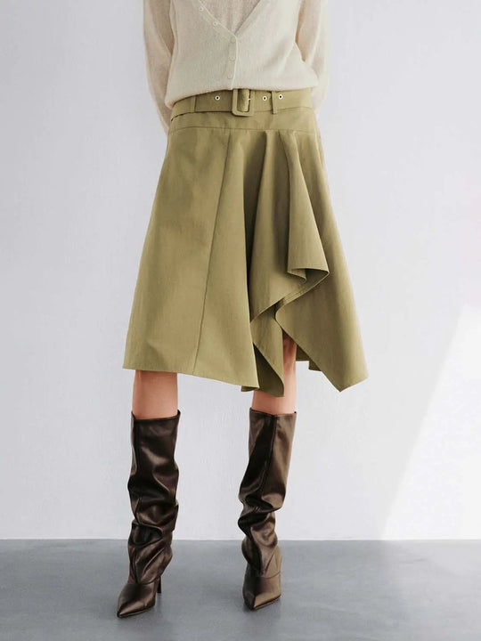 Belted Mid-rise Asymmetric A-Line Cotton Blend Skirt