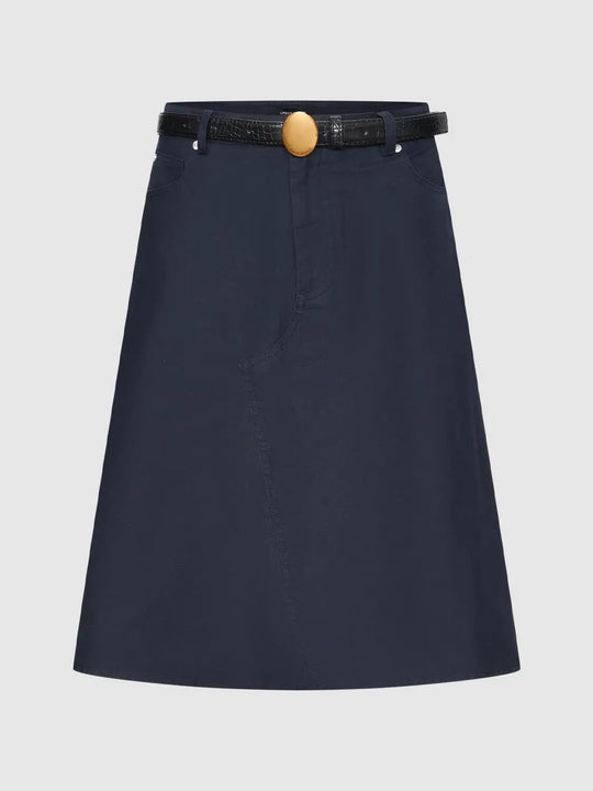 Asymmetric High-waisted A-Line Cotton Skirt With Belt