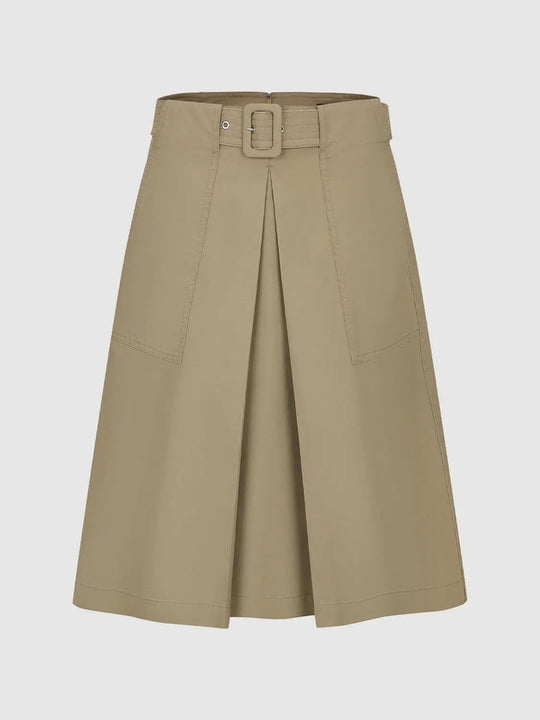 Pleated Mid-rise Belted A-line Midi Skirt