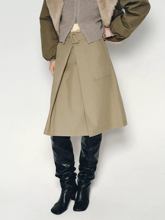 Pleated Mid-rise Belted A-line Midi Skirt