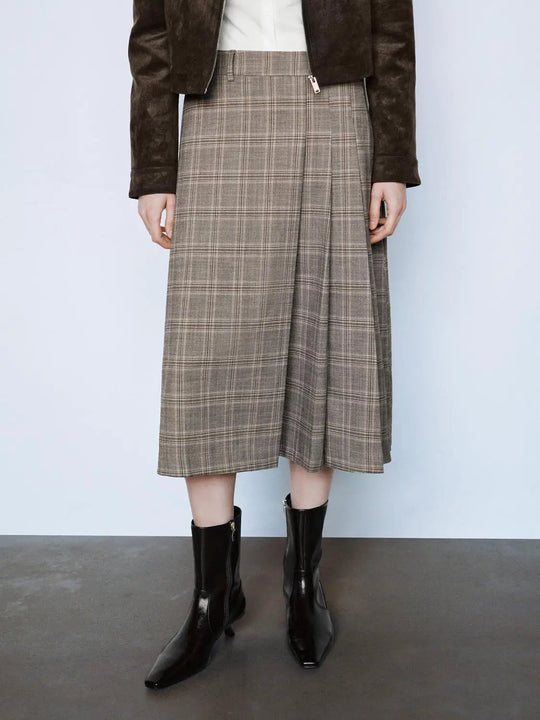 Pleated Checked A-line Mid-rise Midi Skirt
