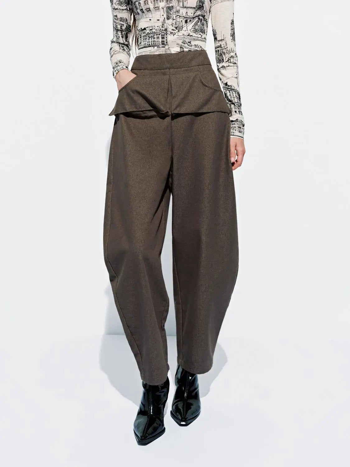 Layered overlay draped waist wide-leg cotton trousers, brown, Urban Revivo Fashion