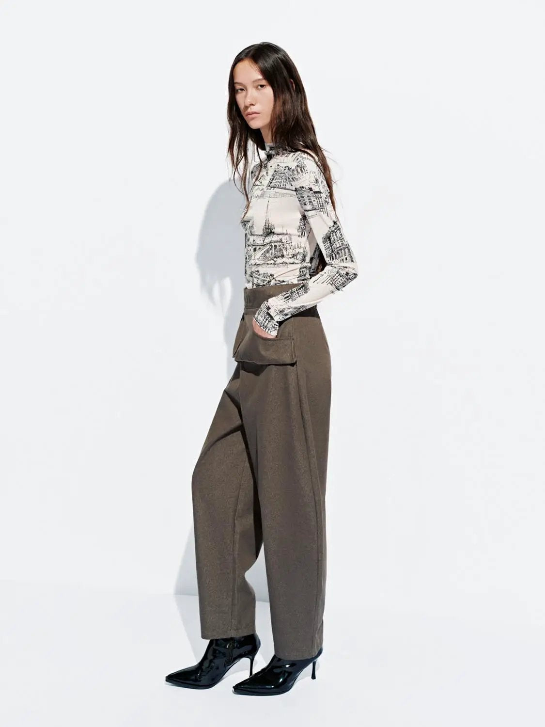 Layered Overlay Draped Waist Wide Leg Cotton Trousers in taupe