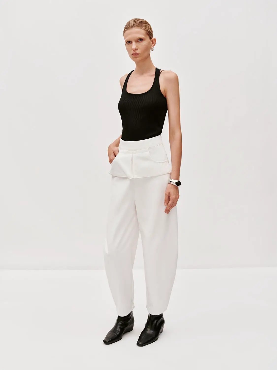 Layered Overlay Draped Waist Wide-Leg Cotton Trousers, white, Urban Revivo Fashion.