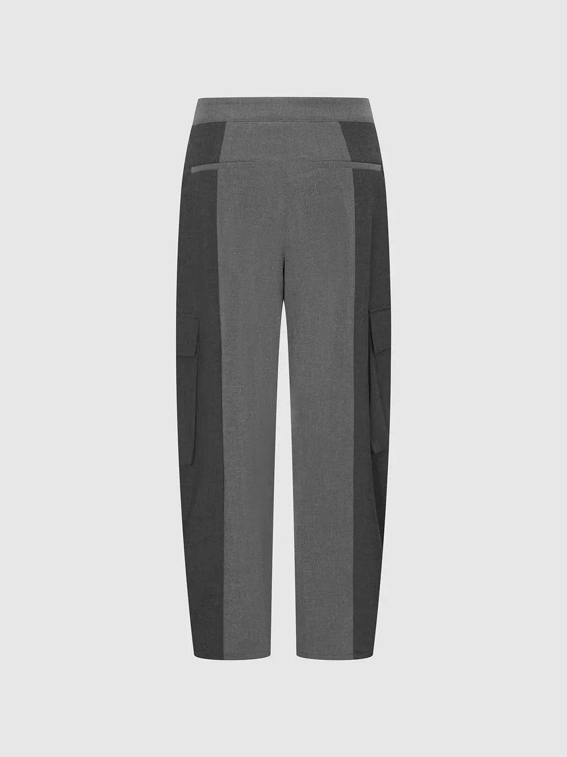 Drawstring Waist Contrast Spliced Barrel Cargo Cotton Pants with grey/black color blocks and cargo pockets.